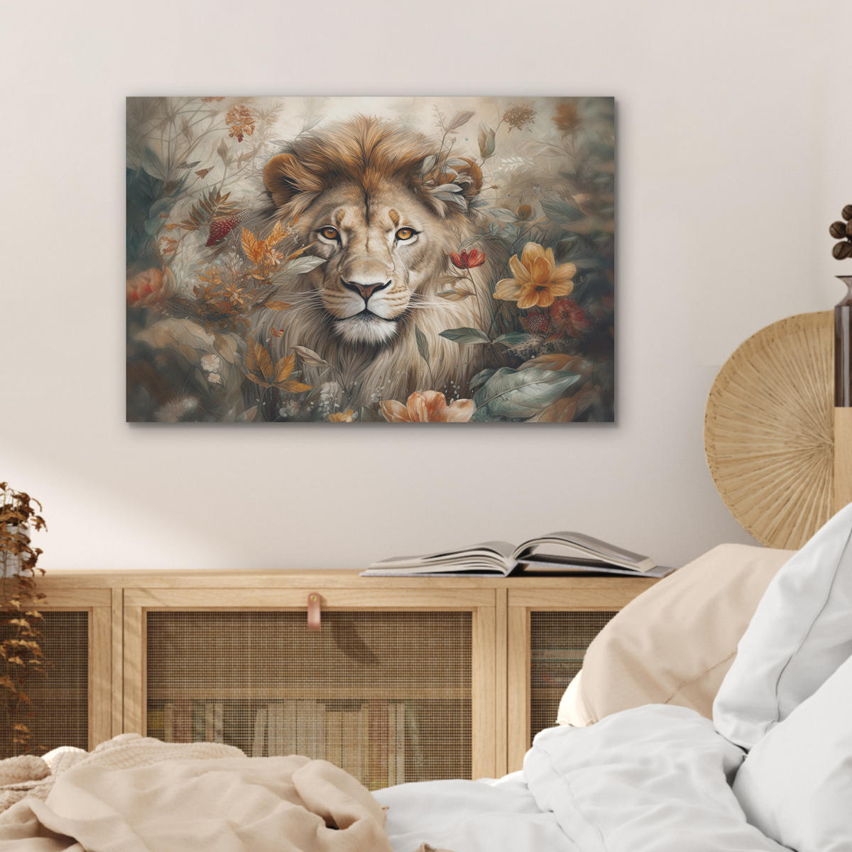 AKUSTIKBILD Löwe - Wildtiere - Pflanzen - Natur - Blumen Wanddeko 70x50 cm - Beige, Kunststoff (70/50/0.9cm) - MuchoWow
