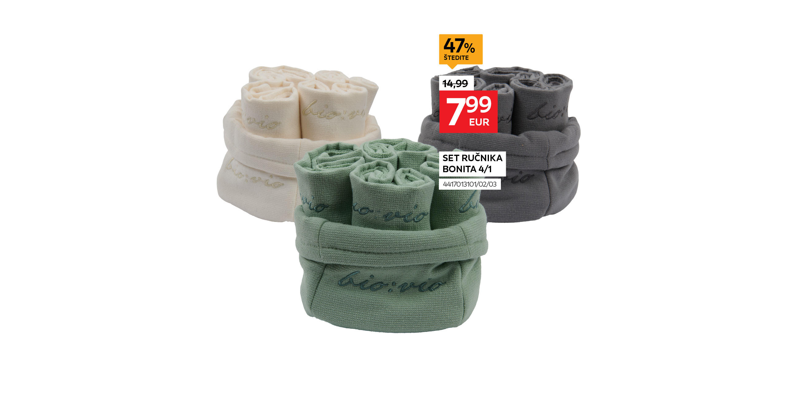 Set ručnika Bonita 4/1 4417013101/02/03 umjesto 14,99€ nova cijena 7,99€ štedite 47%