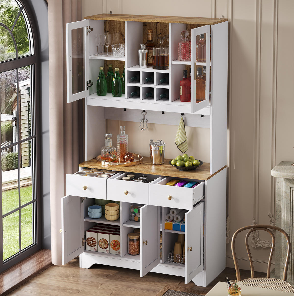 HIGHBOARD 94,5/30/175,5 cm in Weiß mit 5 Türen, 3 Schubladen und Vitrinenfächern - Weiß, Holzwerkstoff (94.5/175.5/30cm) - Flora Grace