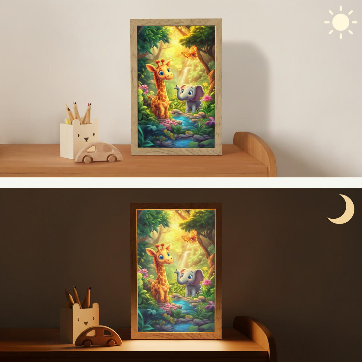 NACHTTISCHLAMPE Giraffe - Elefant - Blumen - Dschungel 20x30 cm - Grün, Holzwerkstoff (8/20/30cm)