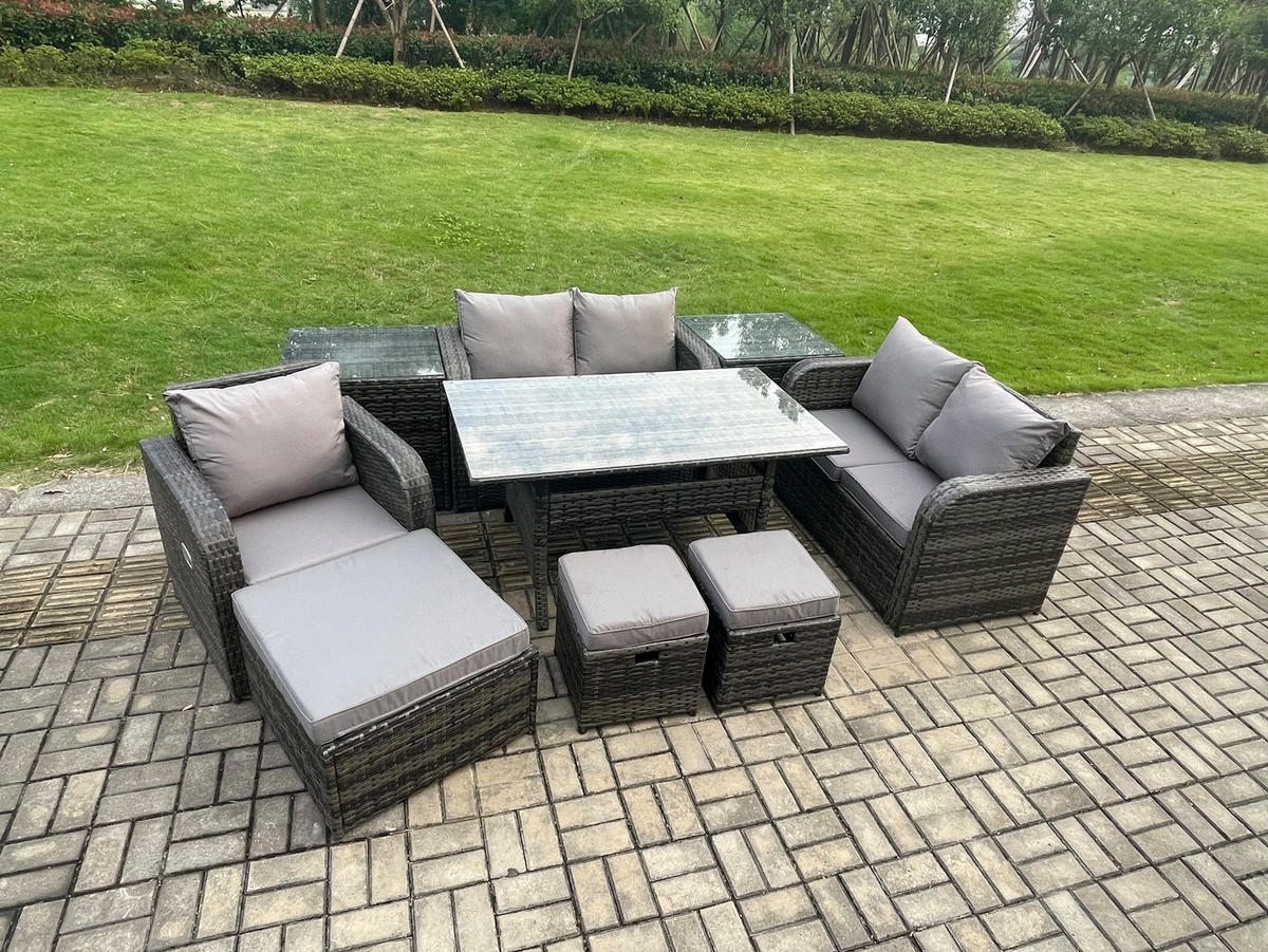 Gartenmöbelset mit Esstisch,Hockern,Beistelltischen Polyrattan Dunkelgrau 8-Sitzer - Dunkelgrau/Grau, Glas/Kunststoff - Fimous