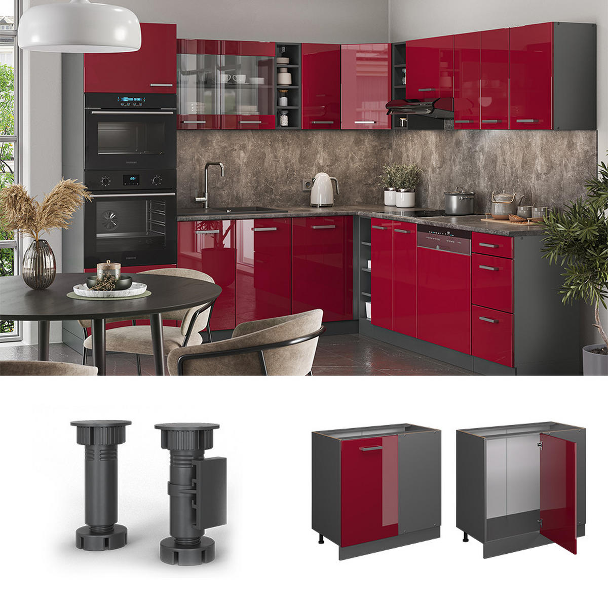 ECKUNTERSCHRANK R-Line Bordeaux Hochglanz 86 cm, AP Anthrazit - Bordeaux/Anthrazit, Holzwerkstoff (86/81.6/60cm) - Vicco