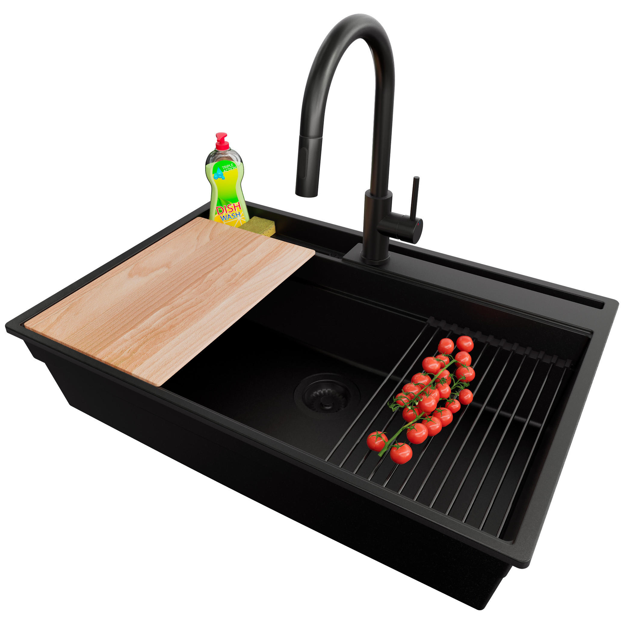 GRANITSPÜLE Oslo Pocket, 2-er set Alles Schwarz 78/53 cm 1 Becken + Küchenarmatur 40/20 cm + Ablauf-Set + Küchenzubehörset ab 80er Unterschrank - Beige/Schwarz, Kunststoff (78/20/53cm) - Primagran