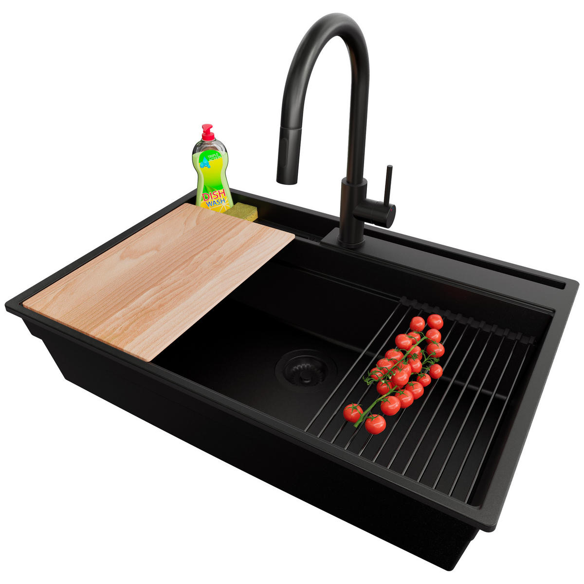 GRANITSPÜLE Oslo Pocket, 2-er set Alles Schwarz 78/53 cm 1 Becken + Küchenarmatur 40/20 cm + Ablauf-Set + Küchenzubehörset ab 80er Unterschrank - Beige/Schwarz, Kunststoff (78/20/53cm) - Primagran