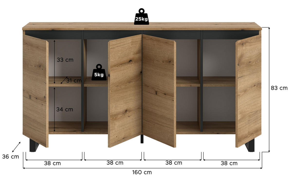 SIDEBOARD TOMASA (B/H/T: ca. 160/84/36 cm) in Evoke Oak Nachbildung/Evoke Oak Nachbildung - Eichefarben, Holzwerkstoff (160/84/36cm)