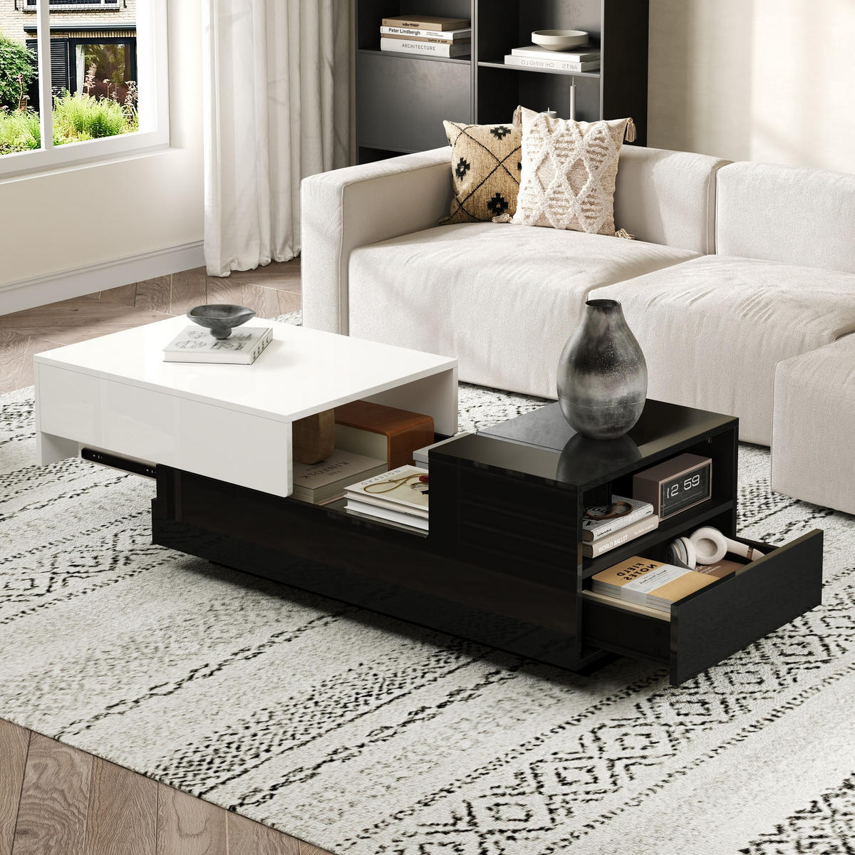 COUCHTISCH Hochglanz 100cm Schublade Schiebeplatte Stauraum modern - Weiß, Holzwerkstoff (100/50/38cm) - FLIEKS