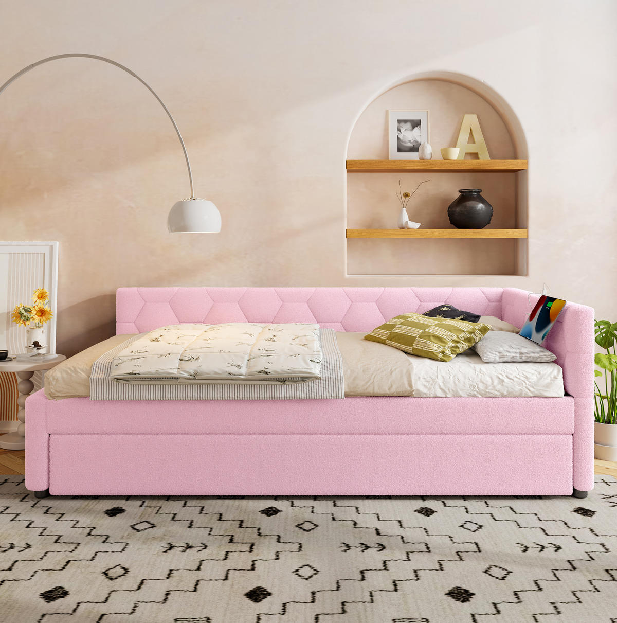 POLSTERBETT 90/200 cm mit Ausziehbett, USB-C und Nachttischlampe in Rosa - Rosa, Textil (90/200cm) - BEAOK