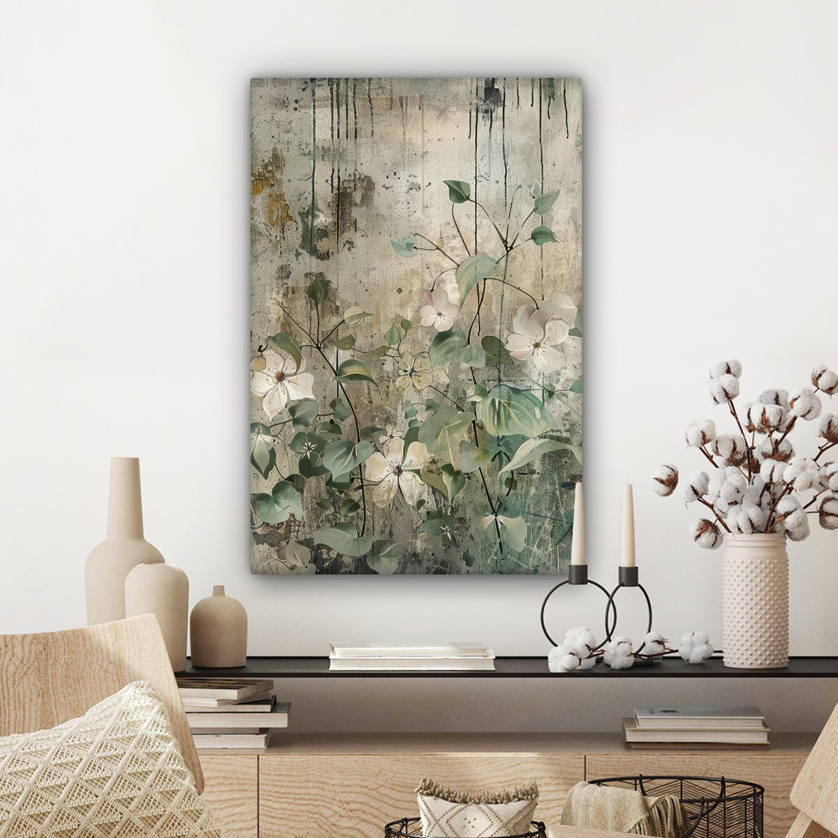 LEINWANDBILD - Blumen - Blätter - Abstrakt - Modern - 60x90 - Kunstdruck - Grau, Textil (60/90cm) - MuchoWow