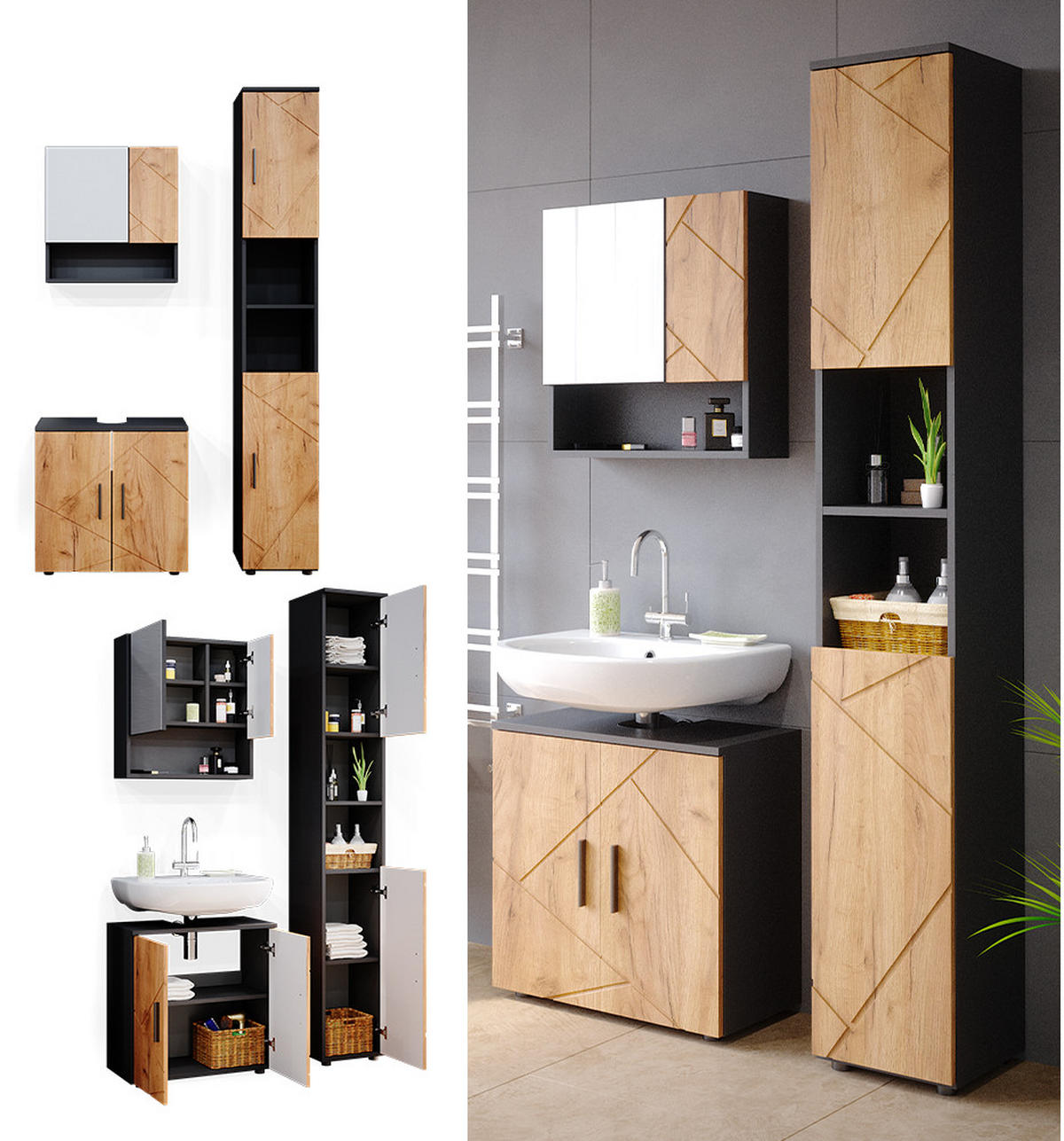 SADA NÁBYTKU DO KOUPELNY Irma Zlatý dub power/antracit - medově dubová/antracitová, kompozitní dřevo (80/58.6/41cm) - Vicco