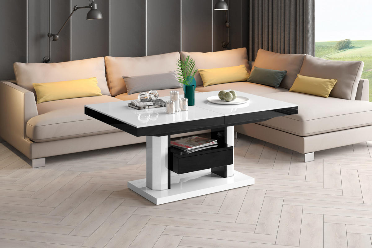 COUCHTISCH rechteckig höhenverstellbar ausziehbar Schublade 120/75/56 cm - Schwarz Hochglanz/Weiß Hochglanz, Holzwerkstoff (75/120/56cm) - designimpex