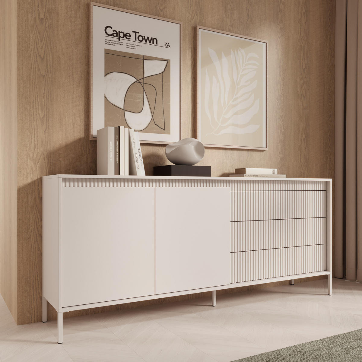 SIDEBOARD Ferrato C 187 cm Beige - mit 2 Türen und 3 geriffelten Schubladen rechts - Beige, Holz/Holzwerkstoff (187/81/39cm) - Ravio