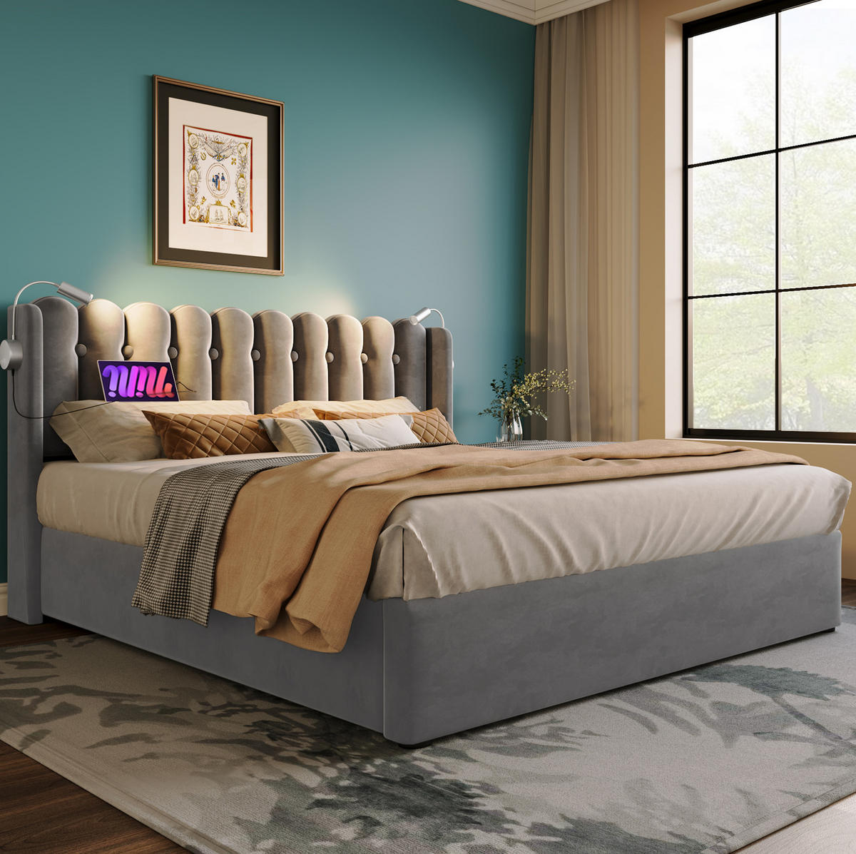 POLSTERBETT aus Samt 160x200 cm in Grau mit USB-Ladefunktion & Leselicht - Grau, Textil (160/200cm) - Modfu