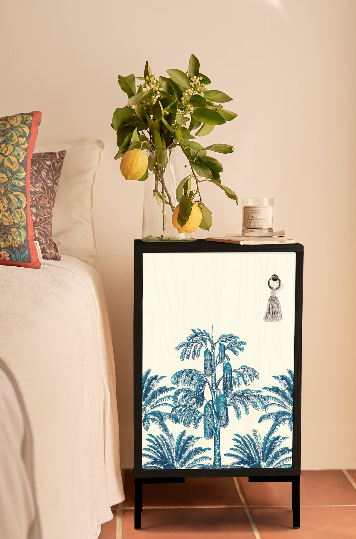 NACHTTISCH aus MDF mit Vintage-Palmen-Druck LEA - Blau/Schwarz, Holzwerkstoff (30/65/40cm) - RNT By Really Nice Things