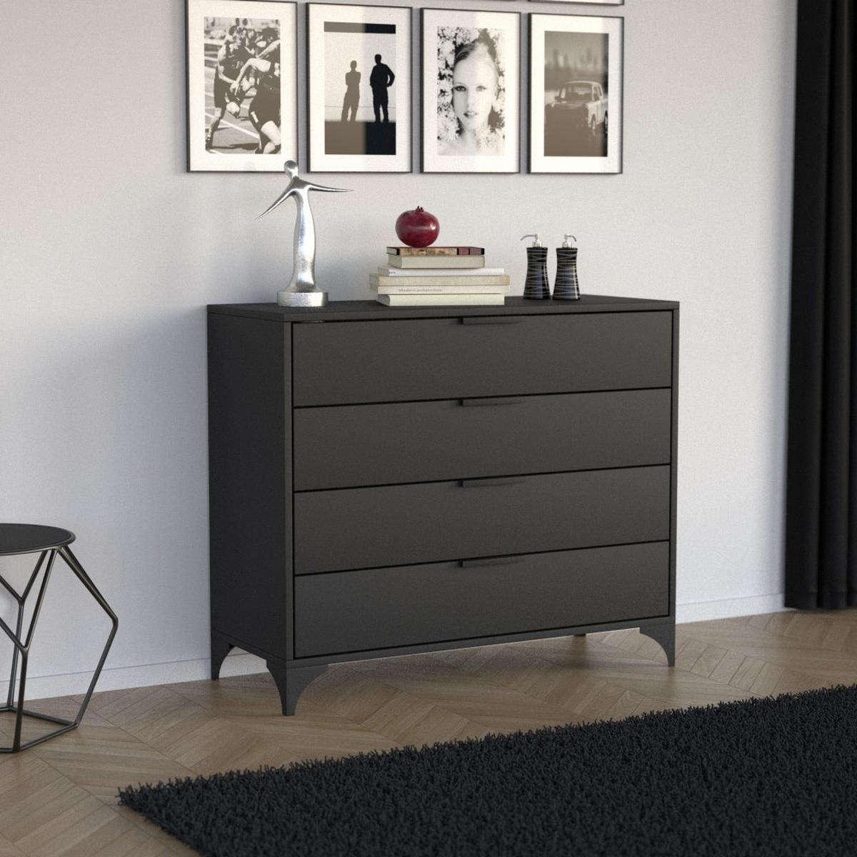 KOMMODE Home mit 4 Schubladen, 100 cm, mit Griffen, Schwarz - Schwarz, Holzwerkstoff (80/85/40cm) - Beautysofa
