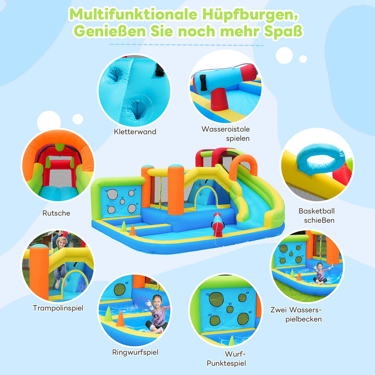 HÜPFBURG Wasserpark Trampolin 450W Gebläse - Blau, Textil (315/410/203cm) - LEBENLANG