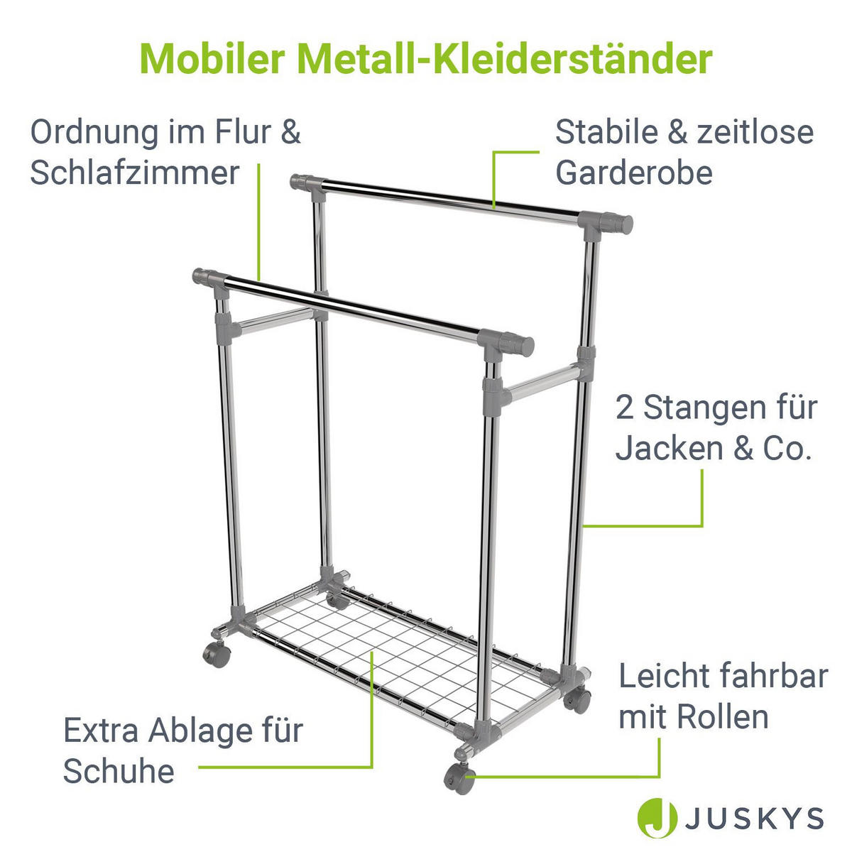 KLEIDERSTÄNDER silber 360° frei drehbare Räder - Silberfarben, Metall (153/160/43cm) - Juskys