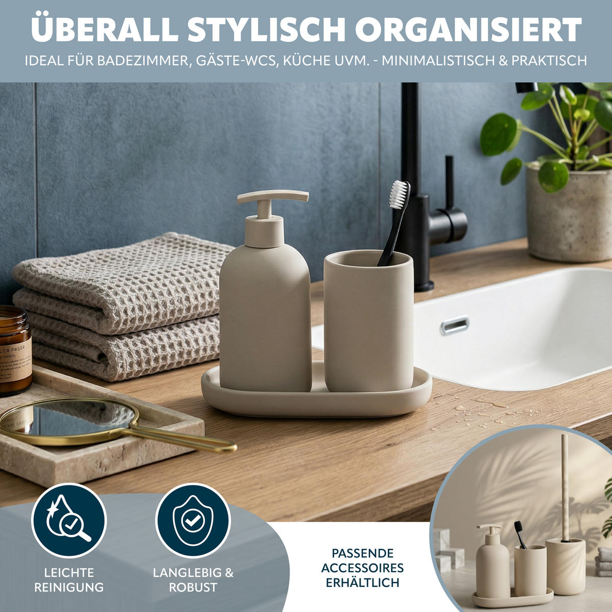 BAD-ACCESSOIRES-SET CERANO, Soft-Touch, beige - Schwarz, Keramik (8/18/8cm) - eluno