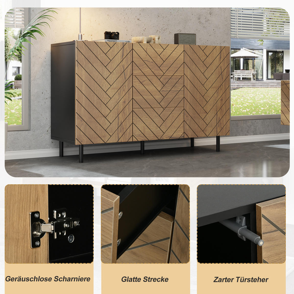 SIDEBOARD Schwarz und Holzfarben 120/40/76 cm - Naturfarben, Holzwerkstoff (120/76/40cm) - PANGIVO