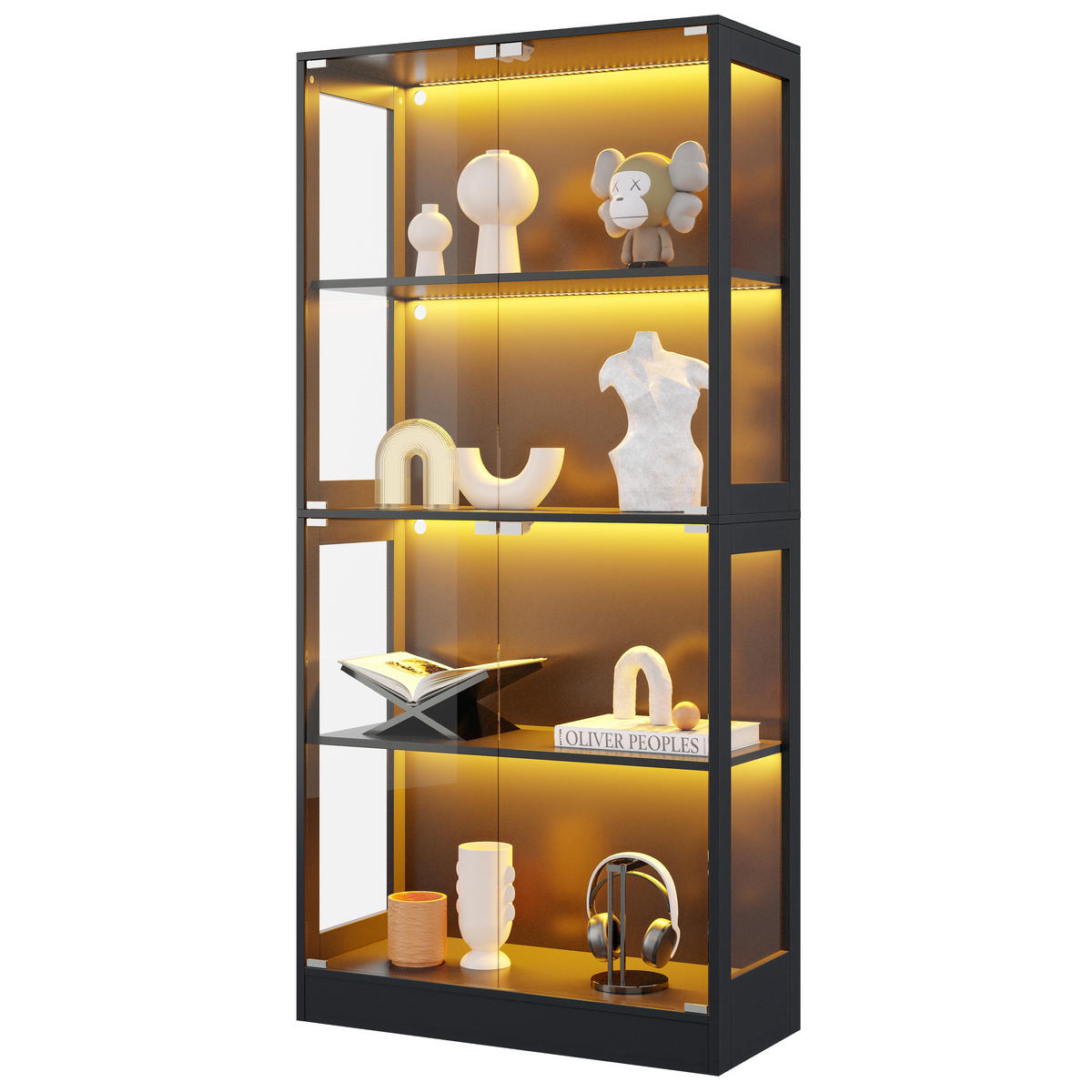 VITRINE mit LED-Beleuchtung, 4 Ebenen, Glasfront, Push-to-Open Türen 80/35/170 cm - Transparent/Schwarz, Glas/Holzwerkstoff (80/170/35cm) - EVRYAE