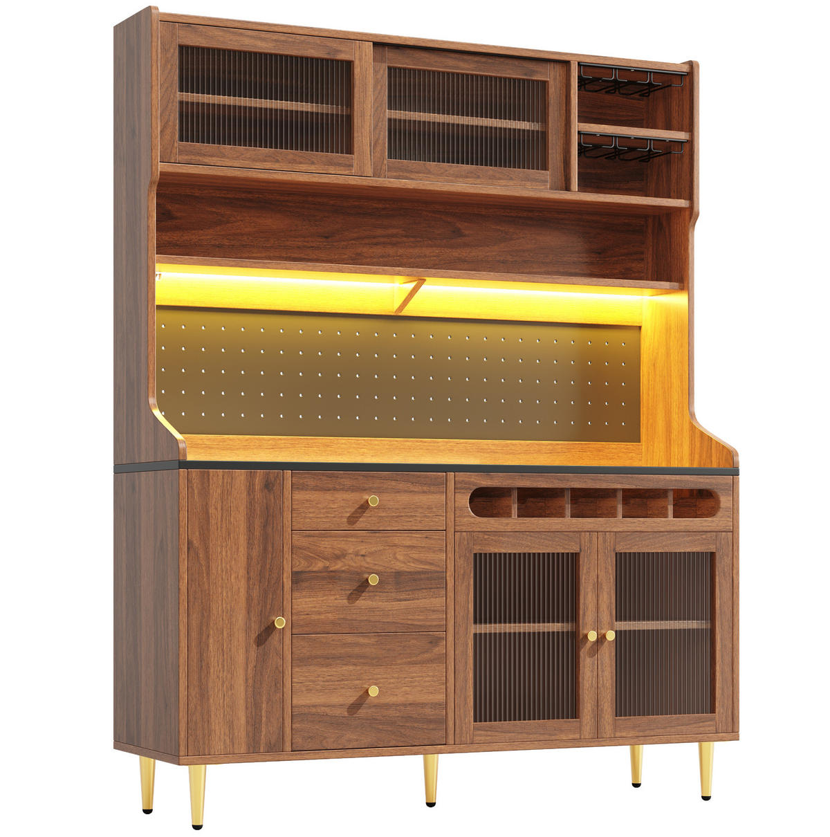 BUFFET 145/39/171 cm aus MDF und Glas mit LED-Beleuchtung und Weinregal Walnussfarben - Walnussfarben, Holzwerkstoff (145/171/39cm) - Modenvie
