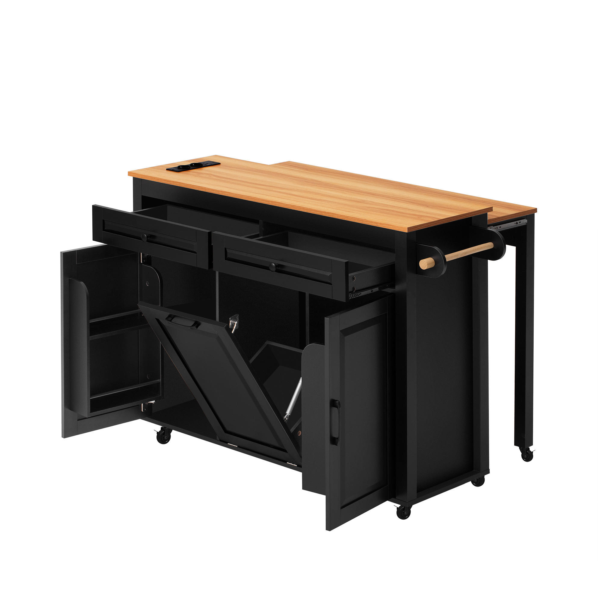 KÜCHENINSEL aus MDF 120/40-75/92 cm mit ausziehbarer Arbeitsplatte, Steckdosenleiste, Abfallfach und Rollen, Schwarz - Schwarz, Holzwerkstoff (120/92/75cm) - Redom