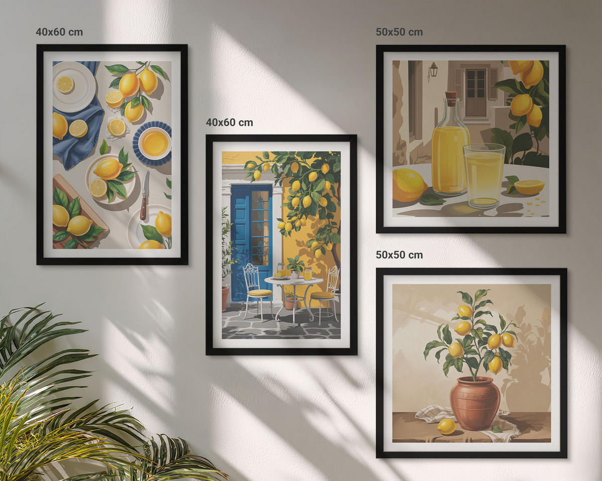 BILDER SET 4er Set - 50x50 cm & 40x60 cm Schwarzer Rahmen - Zitronengarten mit Getränken - Schwarz, Kunststoff (50/50cm) - TULUP