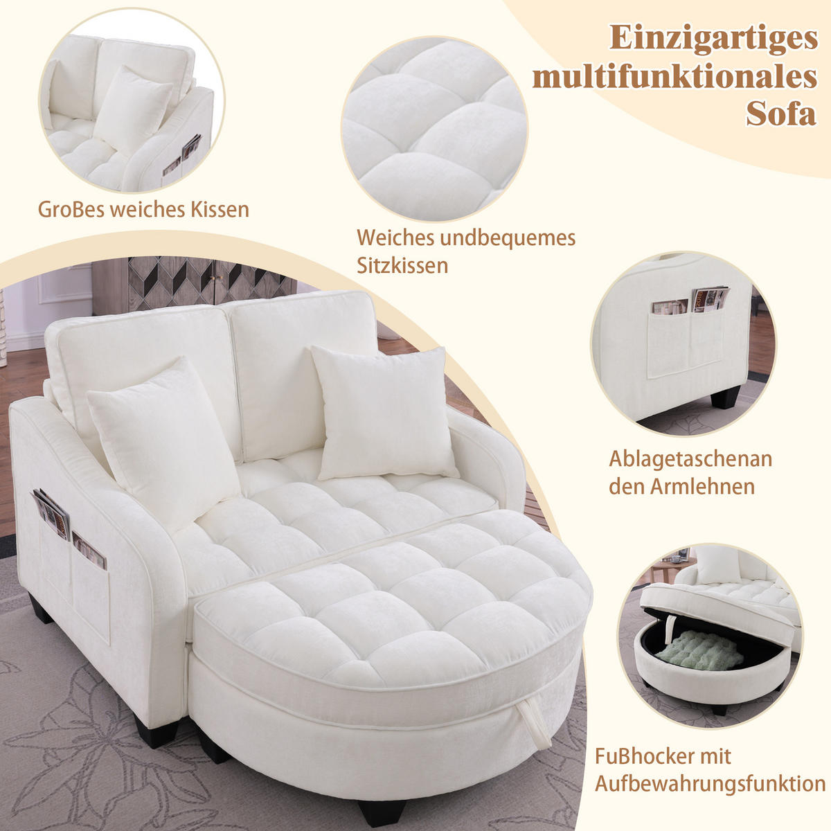 SCHLAFSOFA 2-in-1 mit Hocker und Stauraum, Beige - Beige, Holz (132/93/129cm)