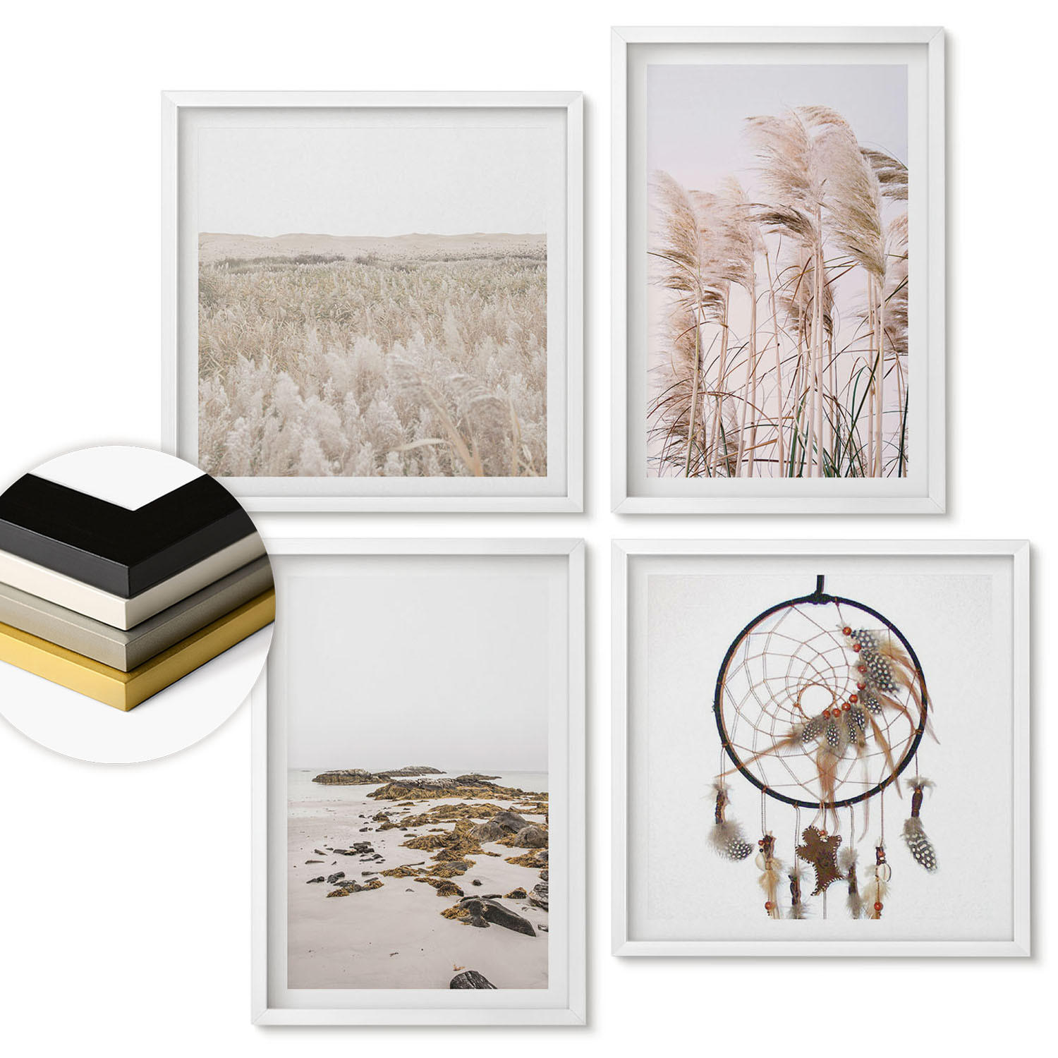 WANDBILDER 4er-Set - 50x50 cm & 40x60 cm Weißer Rahmen - Wiesen, Strand, Boho-Stil - Weiß, Kunststoff (50/50cm) - ArtPrintCave