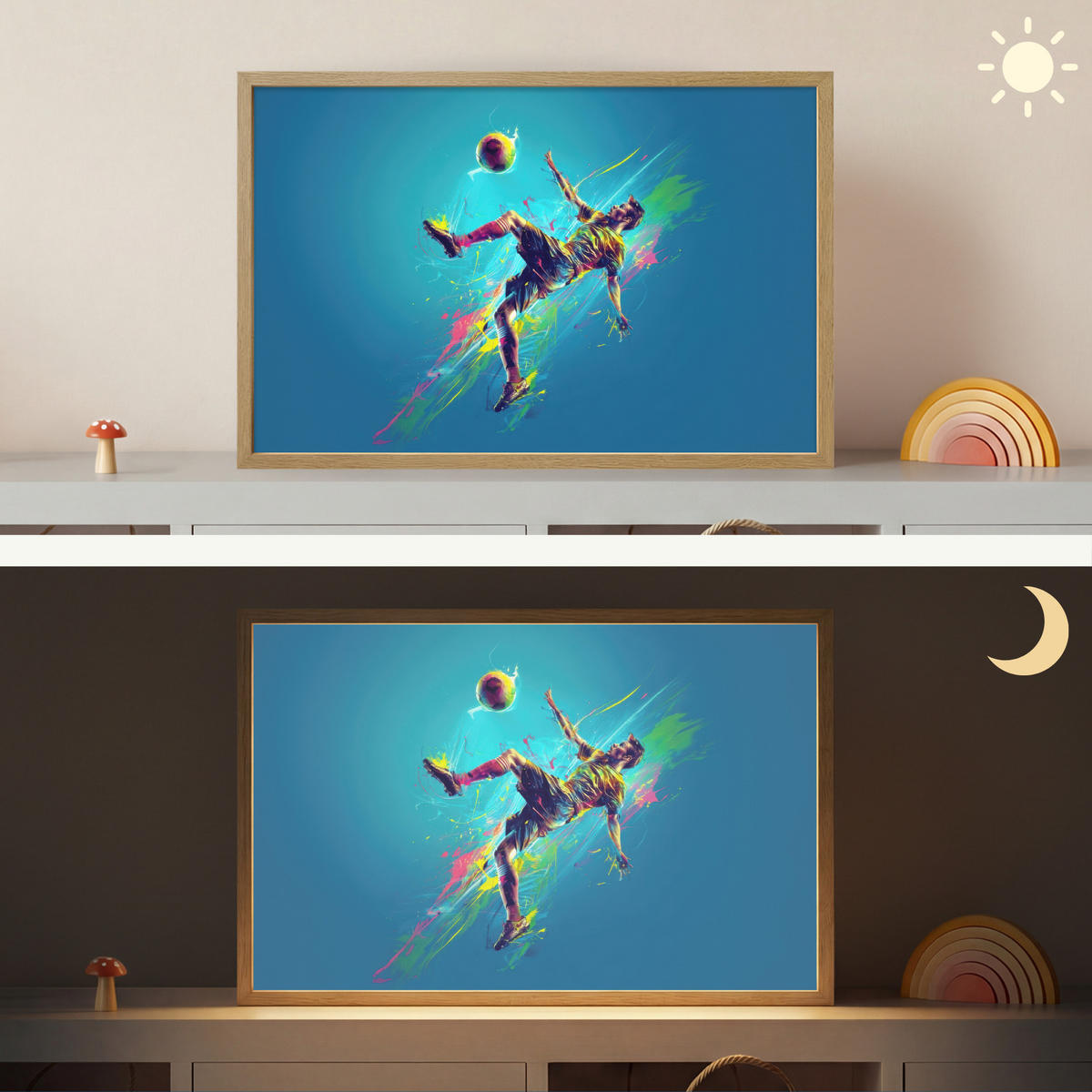 NÁSTĚNNÁ LAMPA S AKUMULÁTOREM Fotbalista - Stříkající barva - Barevné - Míč 60x40 cm - modrá, kompozitní dřevo (60/40/8cm) - OnlyWow