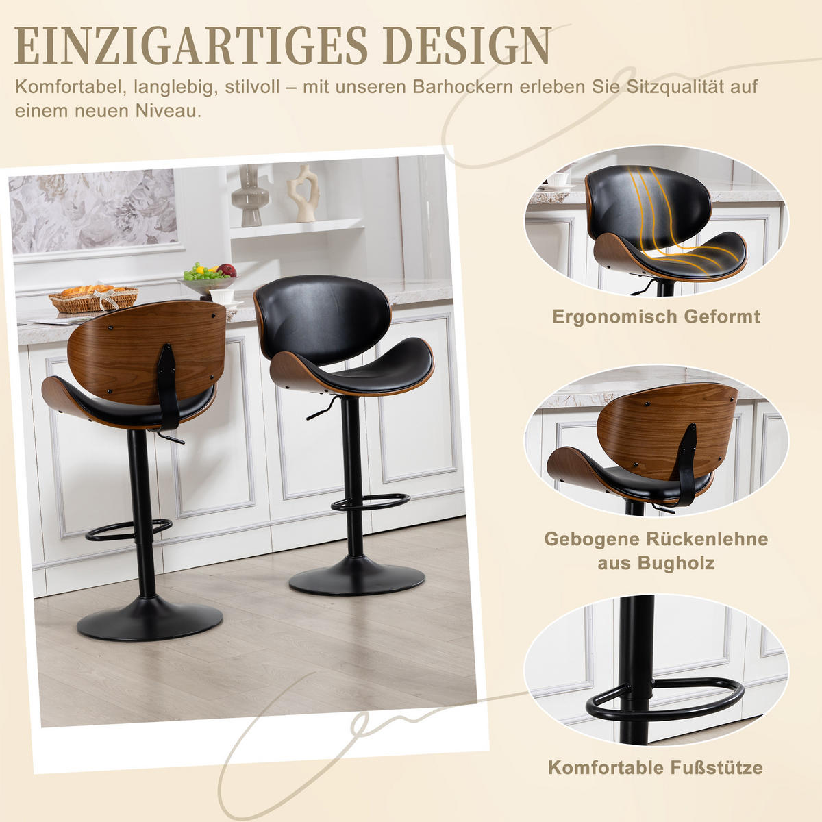 BARHOCKER 2er-Set drehbar, höhenverstellbar mit PU-Sitz, Schwarz - Schwarz, Kunststoff (51/93/50cm)