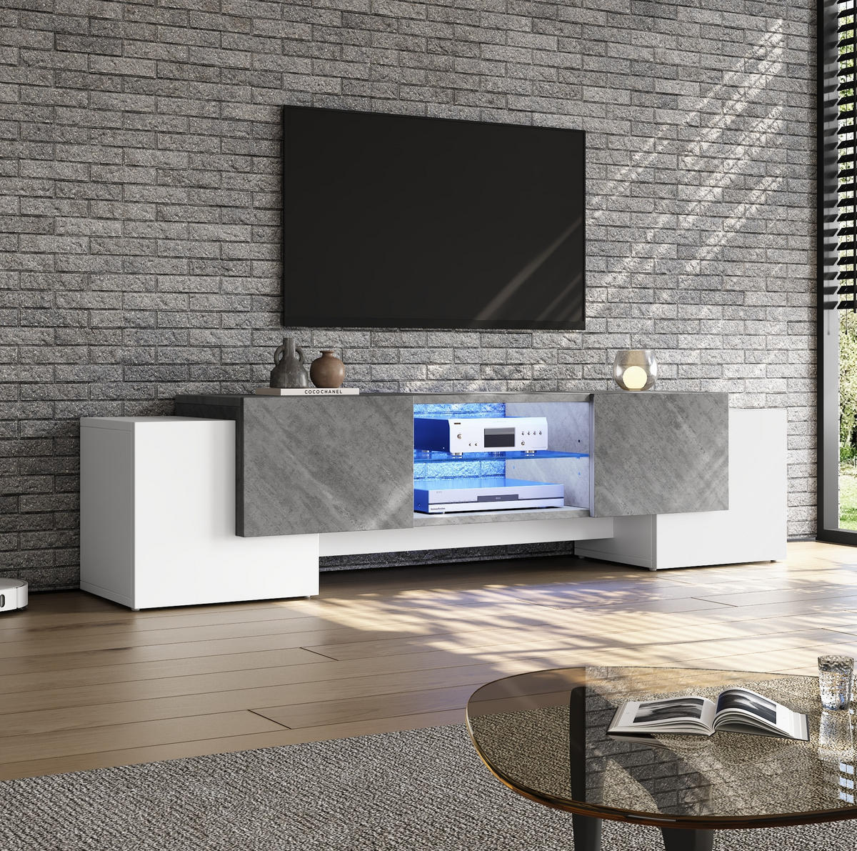 TV-ELEMENT mit LED und Stauraum 180 x 40 x 46,5 cm Weiß Grau - Weiß, Holzwerkstoff (40/46.5/180cm) - Beauniv