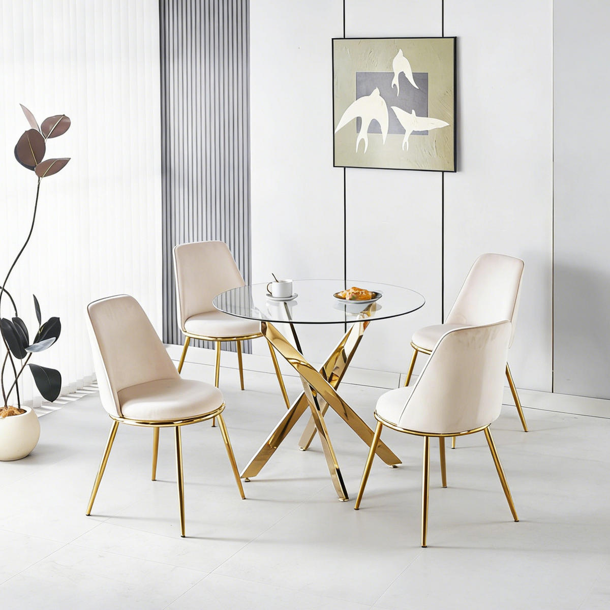 ESSGRUPPE DE-39334 5-teilig, mit 4 Samtstühlen Gold - Creme, Metall (80/75/80cm) - ComfortXL