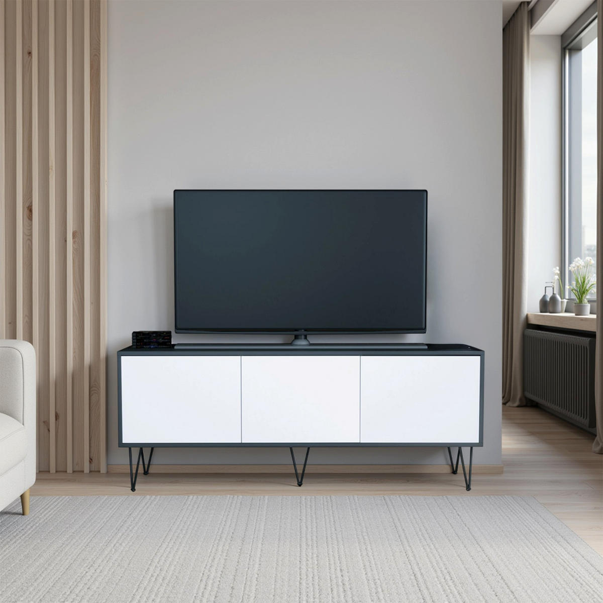 TV-BOARD Elisa, Lowboard mit Push-to-Open, Made in Germany, Moderner Fernsehschrank, Anthrazit matt/Weiß matt (152,5 x 60,5 x 37 cm) - Weiß, Holzwerkstoff (152.5/60.5/37cm) - InnoFurn