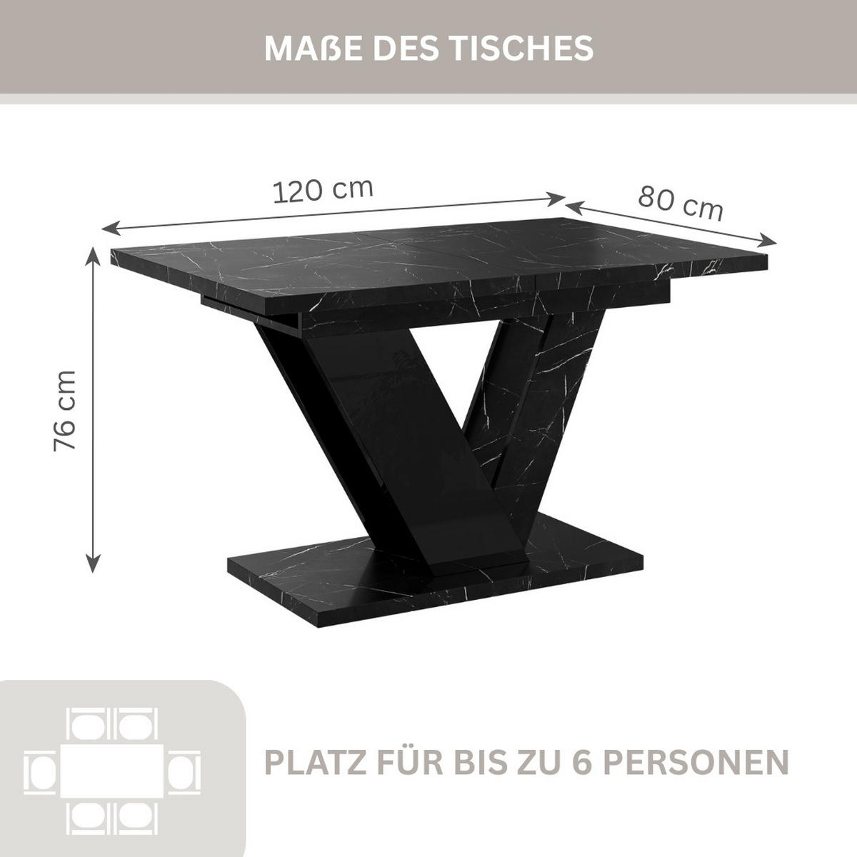 ESSTISCH Royal Schwarz Marmoptik Ausziehbar 120 - 160 cm - Schwarz, Holzwerkstoff (120/80/76cm) - PROSPERO