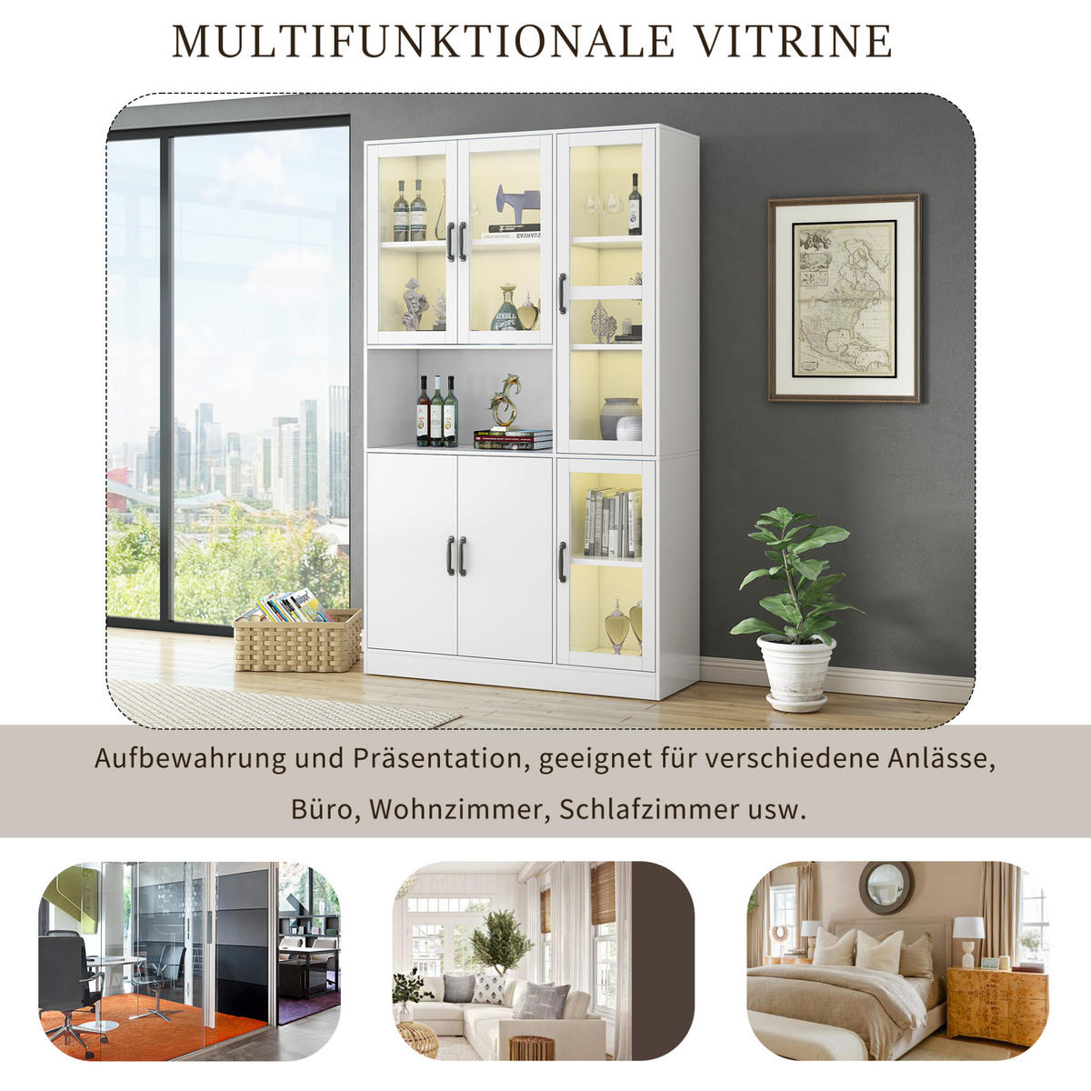 VITRINE 120/40/200 cm aus MDF mit LED-Beleuchtung, Acryltüren und 9 Fächern, Weiß - Weiß, Holzwerkstoff (120/200/40cm) - Redom