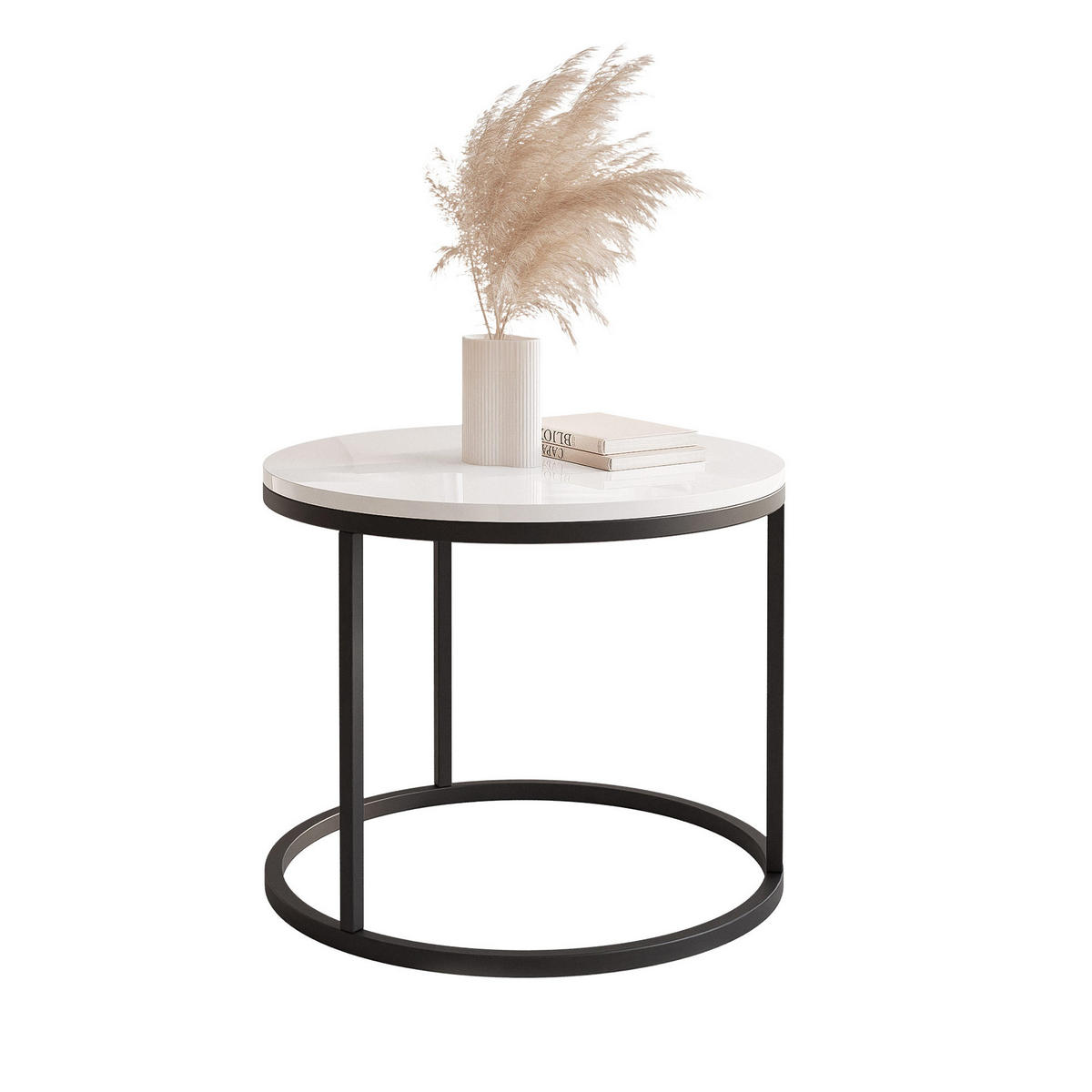 COUCHTISCH 50 cm rund Weiß Hochglanz, Schwarz Gestell - Weiß Hochglanz, Holzwerkstoff (50/50/42cm) - Idohome