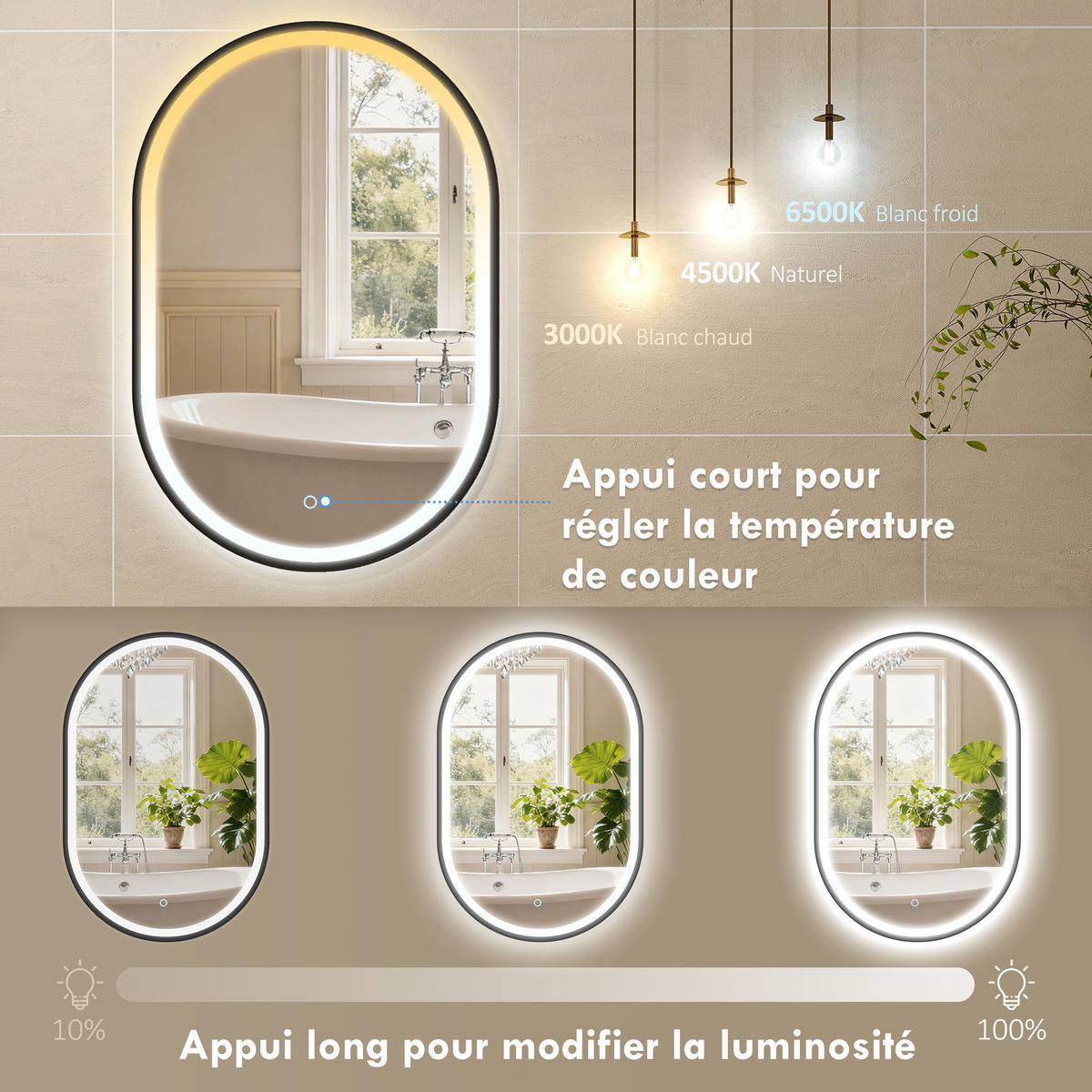 BADEZIMMERSPIEGEL DE-15194 mit 3 LED-Farben und dimmbarer Helligkeit - Schwarz, Metall (4/70/50cm) - ComfortXL