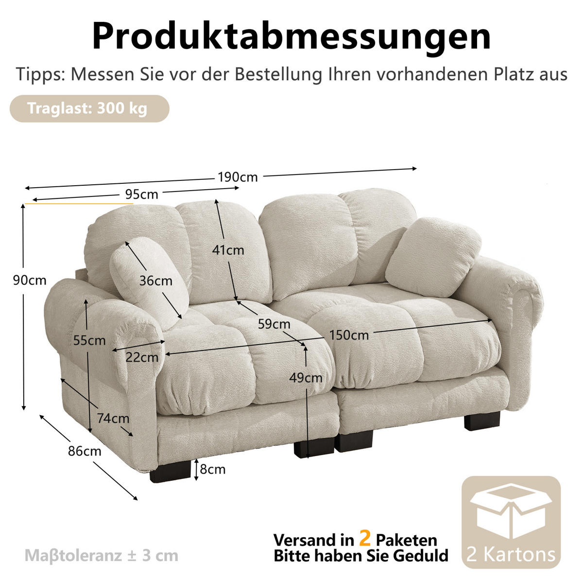 SOFA 190/86/90 cm in Hellkhaki aus Chenille mit Steppnähten - Sandfarben, Textil (86/90/190cm) - Flora Grace