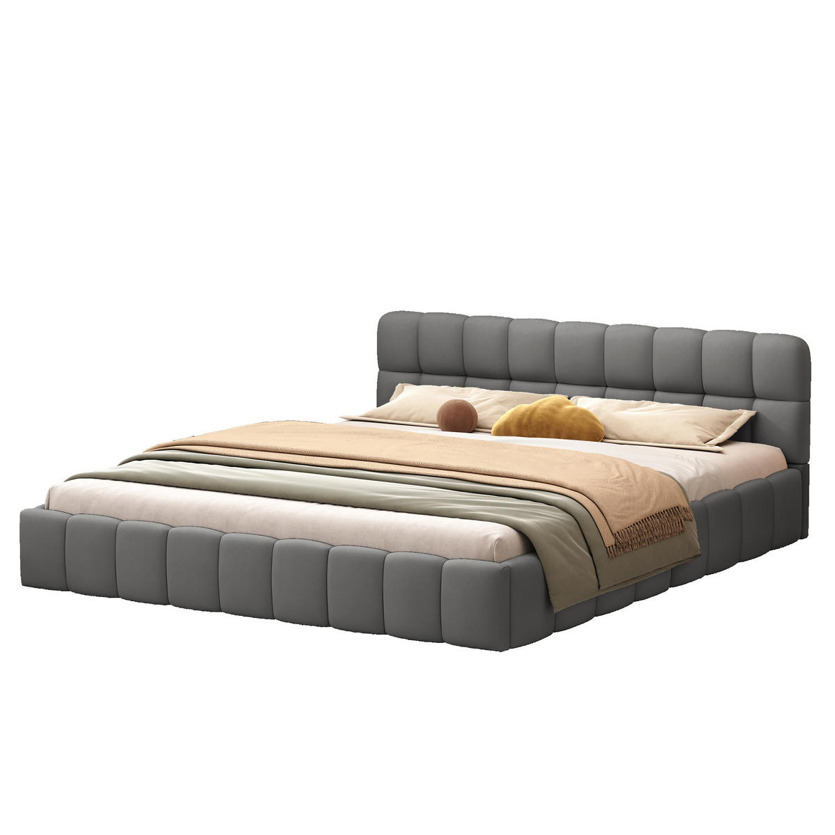 POLSTERBETT 160x200 cm Bubble Design Lattenrost Rückenlehne Leinen grau - Grau, Holz (160/200cm) - LEBENLANG