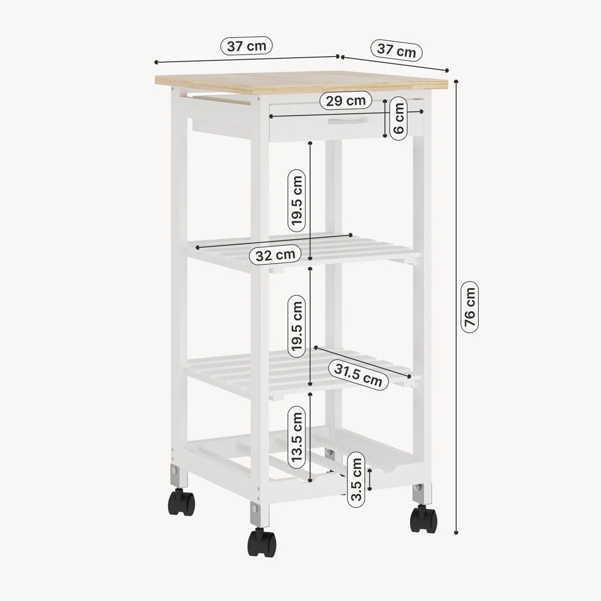 SERVIERWAGEN Biel - Weiß, Holzwerkstoff (37/76/37cm) - [en.casa]