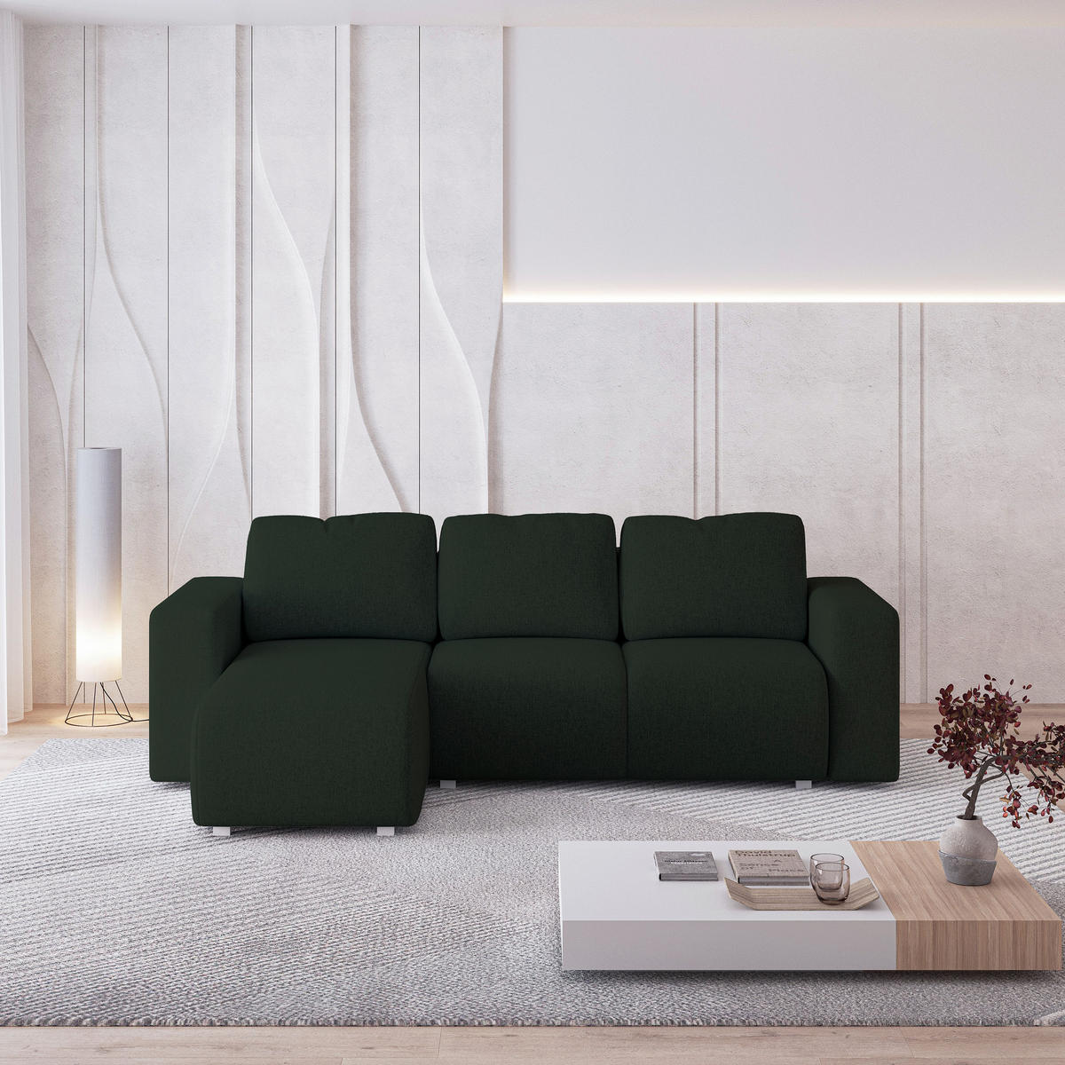 ECKSOFA RINOVA Grün Geflochtener Stoff mit Schlaffunktion - Grün, Holz (250/143cm) - MASSENO