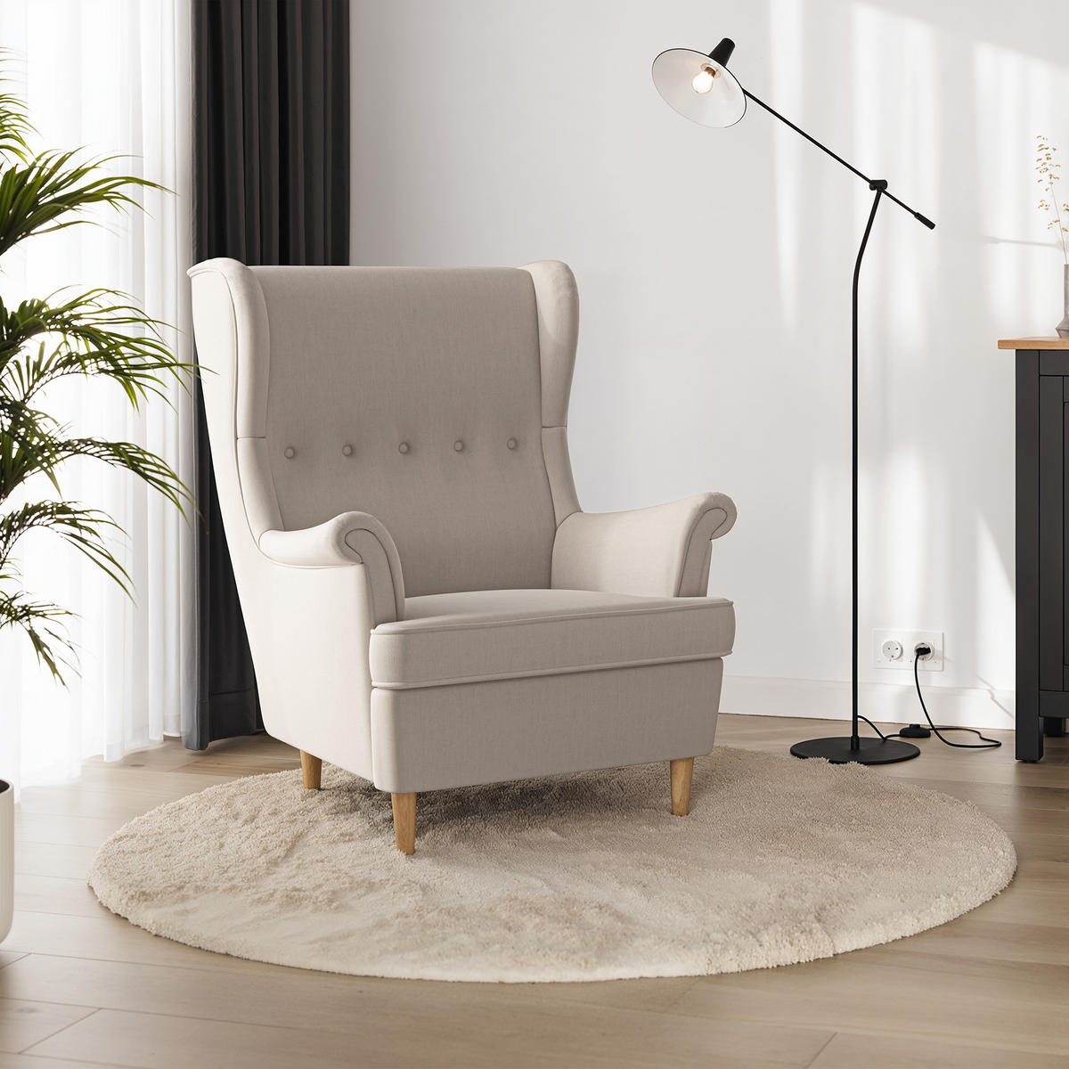 OHRENSESSEL Luno Beige klassisches Design Stoff ES-6 - Beige/Naturfarben, Holz/Textil (62/101/80cm) - Jana