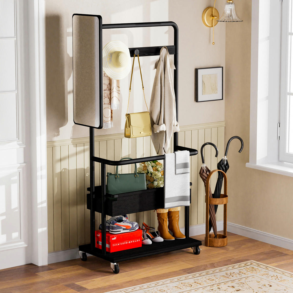 STANDGARDEROBE 70/40/170 cm mit Spiegel, Kleiderstange und Schuhablage in Schwarz - Schwarz, Holzwerkstoff (70/170/40cm) - BEAOK