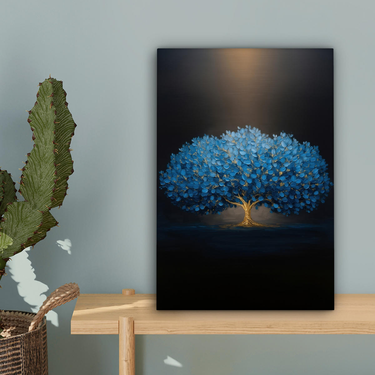 LEINWANDBILD Baum - Blau - Blätter - Pinselstriche Deko Wohnzimmer 20x30 cm - Blau, Textil (20/30cm) - MuchoWow