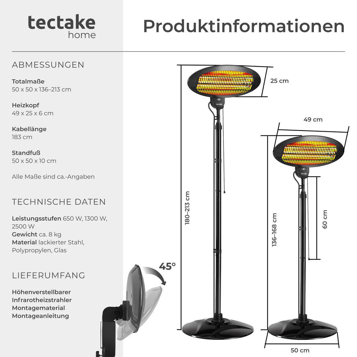 INFRAROTHEIZSTRAHLER Solaris Monolith, Wandmontage möglich, 50 x 50 x 136 - 213 cm, schwarz - Schwarz, Metall (50/133.5/49cm) - tectake