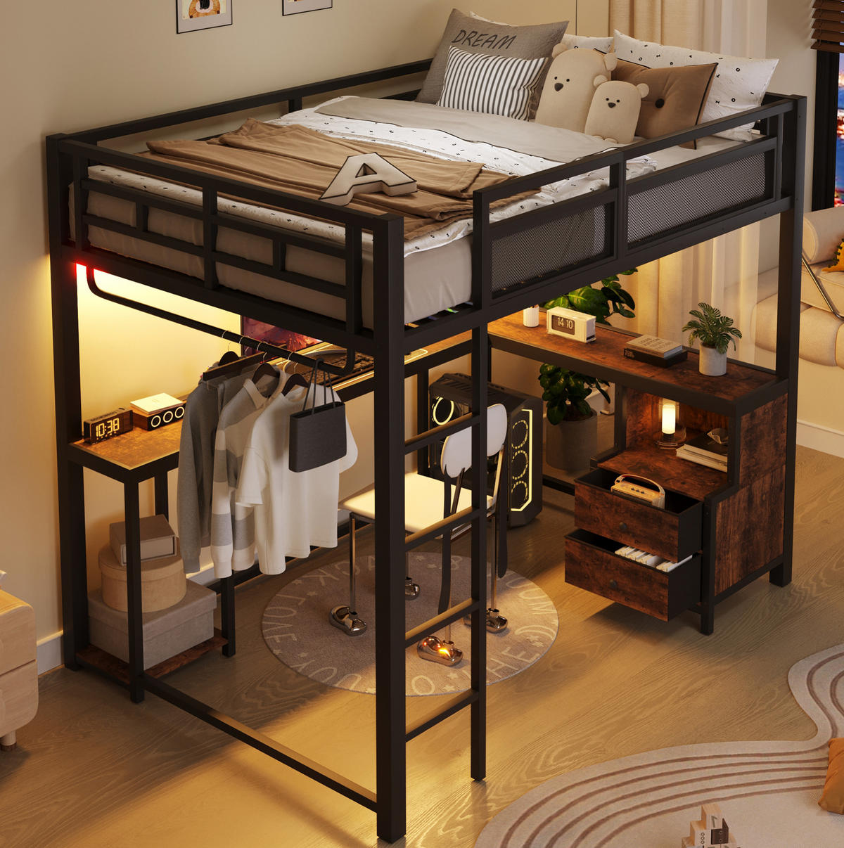 HOCHBETT 140x200 cm in Schwarz mit Schreibtisch, LED-Beleuchtung und USB-Ladestation - Schwarz, Metall (140/200cm) - IVMEU