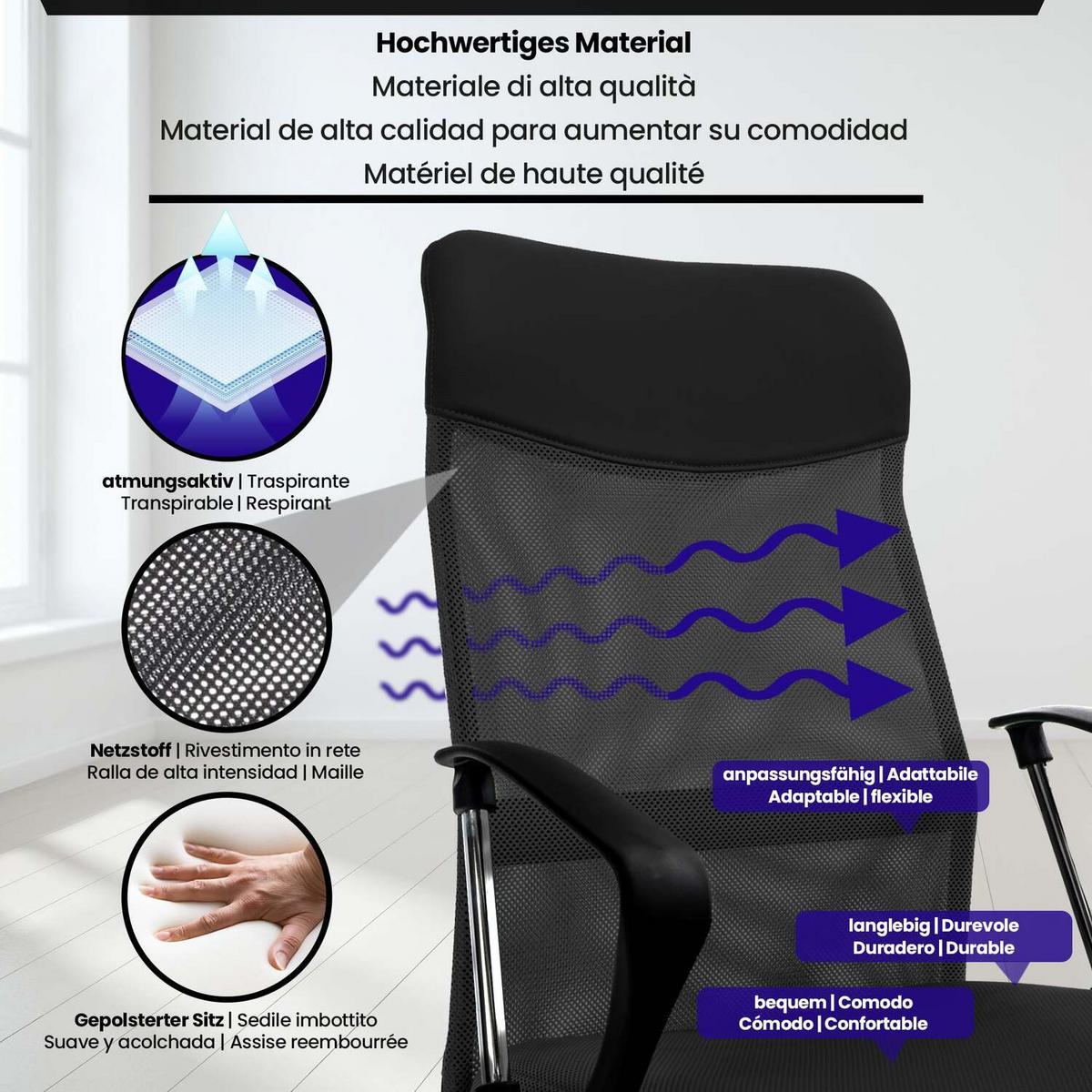 BÜROSTUHL Waterloo, Kunstleder Schwarz - Schwarz, Textil/Metall (60/118/53cm) - TPFLiving