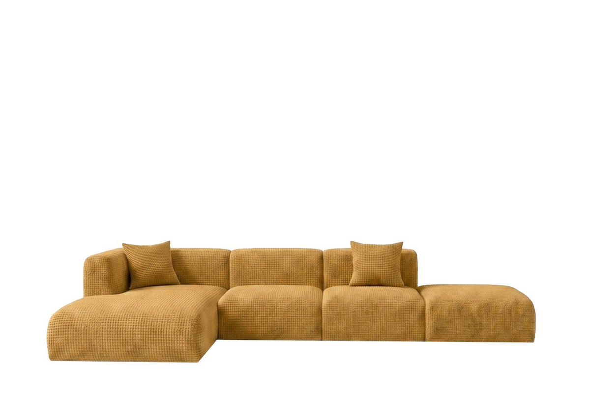 ECKSOFA L-Form mit Hocker, Chenille-Stoff Cremona, Golden, Links, GRETA - Goldfarben, Holz (386/179cm) - Kaiser Möbel
