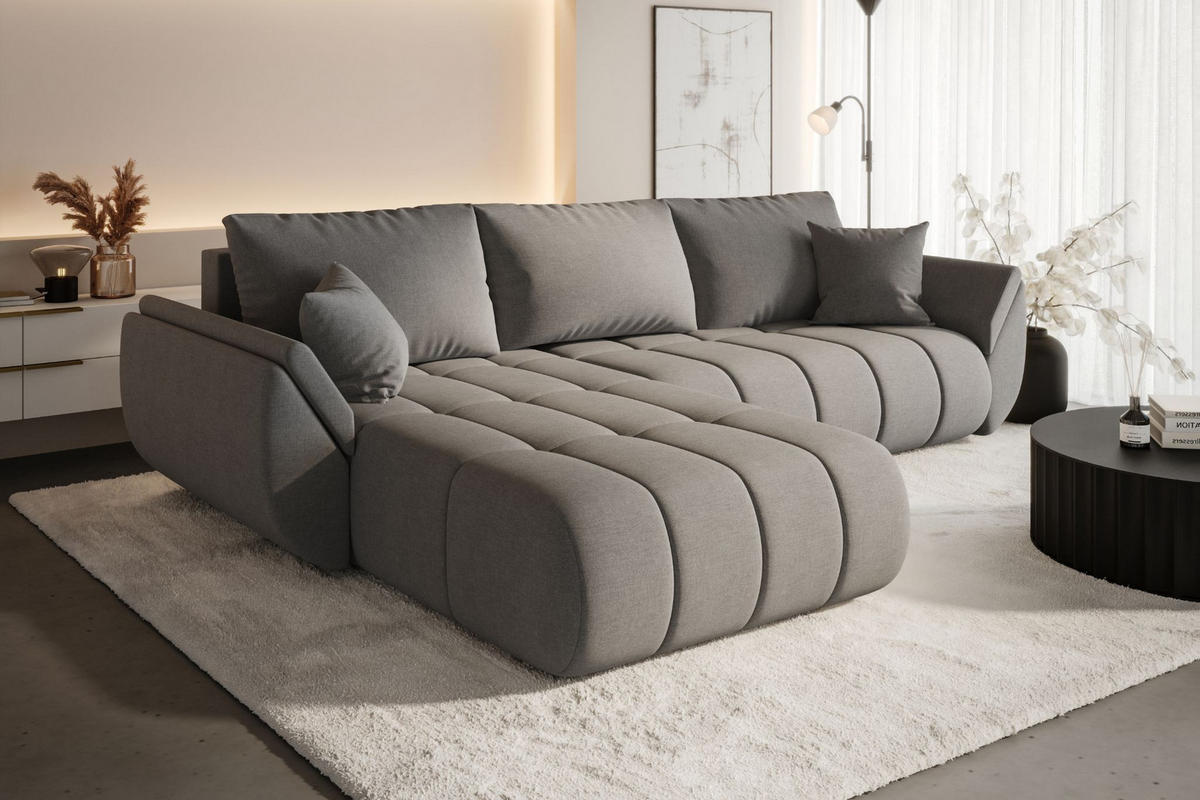 ECKSOFA TOKYO PREMIUM mit Schlaffunktion, Stoff WIND, Braungrau, Links - Grau, Holz (280/190cm) - Kaiser Möbel