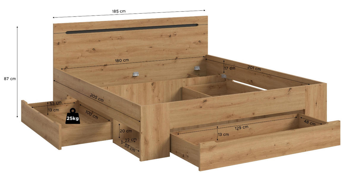 BETT Eiche, grau Liegefläche 180 x 200 cm, Doppelbett mit 3x Bettschubkasten - Eiche Artisan/Grau, Holzwerkstoff/Metall - Inn.Furn